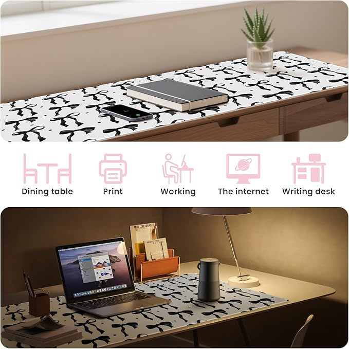 White Mouse Pad with Black Bows, Cute Desk Mat Bow Keyboard Mat for Computer Laptop Non-Slip Rubber Base, Large Office Mat Girly Desktop Décor Accessories Office Supplies for Girls Women 35.4 x 15.7in