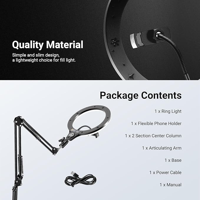 NEEWER Entry Level Version 10" 10W Ring Light with 46"-63" Stand, Overhead Phone Holder Mount Compatible with iPhone, Bi Color LED Selfie Lighting CRI85+ for TikTok Video Recording Streaming, N44