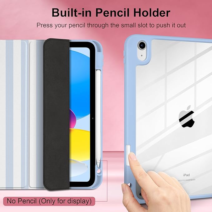Case for iPad Air 13 inch M4 2026 M3 2025 M2 2024 with Pencil Holder - Cute Preppy Coastal Design Aesthetic Blue White Striped Trifold Cover with Soft TPU Bumper, Clear Back, Auto Sleep/Wake