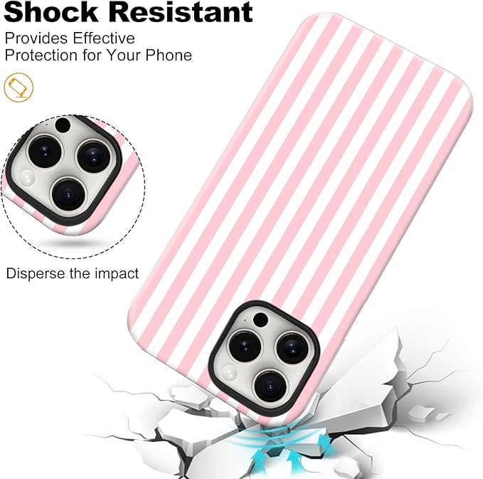 Magnetic for iPhone 12/12P Case Cute Stripes Phone Case, Shockproof Slim TPU and Hard PC Protective Phone Cover Compatible with MagSafe Designed for Women Girls, Pink and White