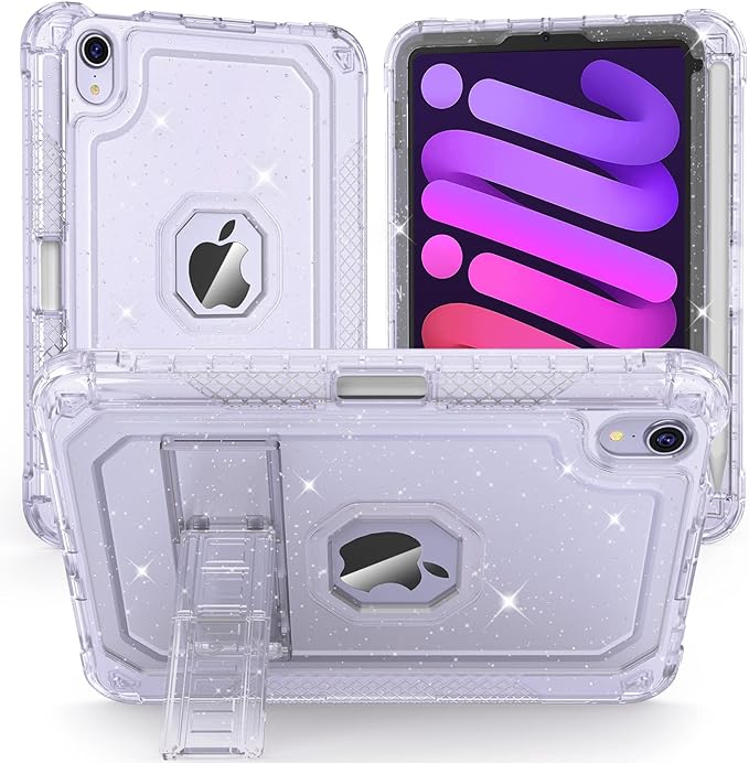 ZoneFoker Case for iPad mini A17 Pro, for iPad mini 7th/6th Generation Case 8.3 inch 2024/2021 with Pencil Holder/Stand, Slim Cover for i Pad Mini 7/6 (Clear Glitter)