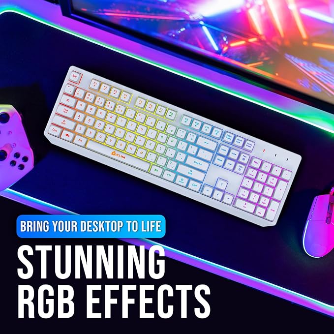KLIM Chroma White Wireless Keyboard – RGB Backlit, Rechargeable Battery, Wireless Keyboard with Water-Resistant Durable Design, Compatible with PC, Mac, PS4, PS5