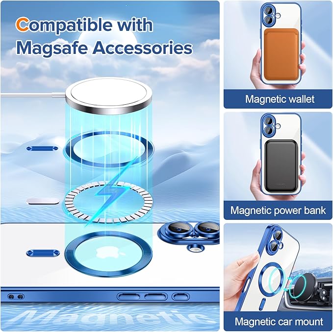 Hython Magnetic Clear for iPhone 17 Case with Camera Lens Protector [Compatible with MagSafe] Luxury Plating Edge Slim Soft TPU Cover Protective Phone Case for iPhone 17 6.3", Deep Blue