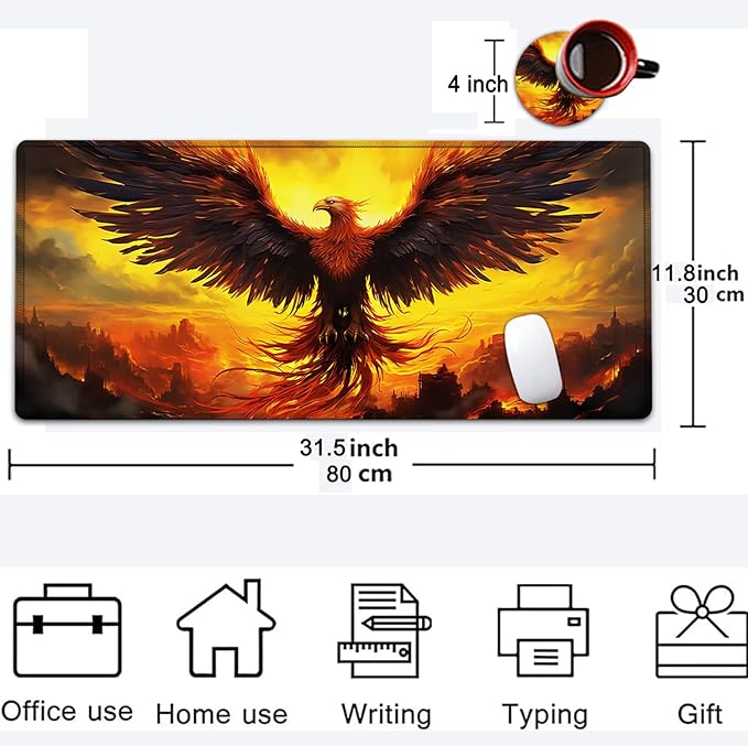 Large Mouse Pad, 31.5 x 11.8in Extended Gaming Mouse Pad with Stitched Edges, XXL Mousepad Protector Non Slip Rubber Base for Office and Home Writing Mat, Anime Phoenix Bird Pattern Desk Mat