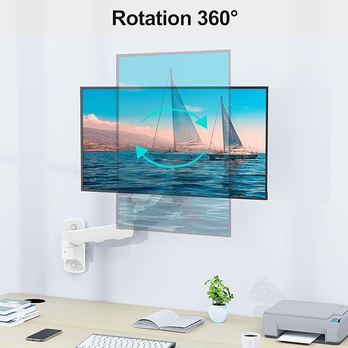 Monitor Wall Mount Fits 17-32 Inch Flat/Curved Computer Screens, Single Wall Arm Holds up to 19.8lbs, Height Adjustable Gas Spring Wall Stand Tilt, VESA Mount 75/100, White