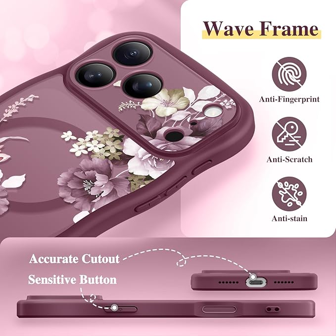 GVIEWIN for iPhone 17 Pro Max Case Compatible with MagSafe [Curly Wave Edge][Full Camera Protection] Floral Translucent Shockproof Magnetic Women Phone Case for 17 Pro Max, Cherry Blossoms/Burgundy