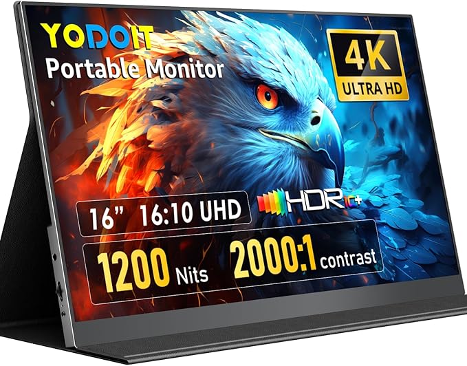 Yodoit 4K Portable Monitor, 16" 3840×2400 UHD IPS Travel Screen 1200nit Sunlight-Readable with 145% sRGB, 2000:1 Contrast for Photo Editing Outdoor Work Compatible with Laptop PC Mac PS5 Black
