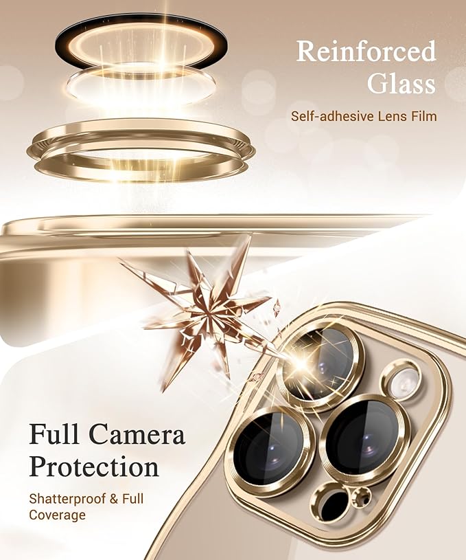 GVIEWIN for iPhone 16 Pro Case Compatible with MagSafe, Upgraded [Full Camera Protection][Cute Wave Frame][Military Grade Protection] Electroplated Soft Phone Cover for Women Girl, Clear/Gold