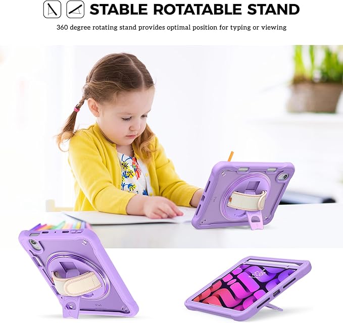 ProCase Rugged Case for iPad mini 7th(A17 Pro) 2024 / 6th Generation 8.3" 2021, Heavy Duty Shockproof Rugged Cover with Hand Strap 360 Degree Rotatable Kickstand Protective for iPad mini 8.3 -Purple