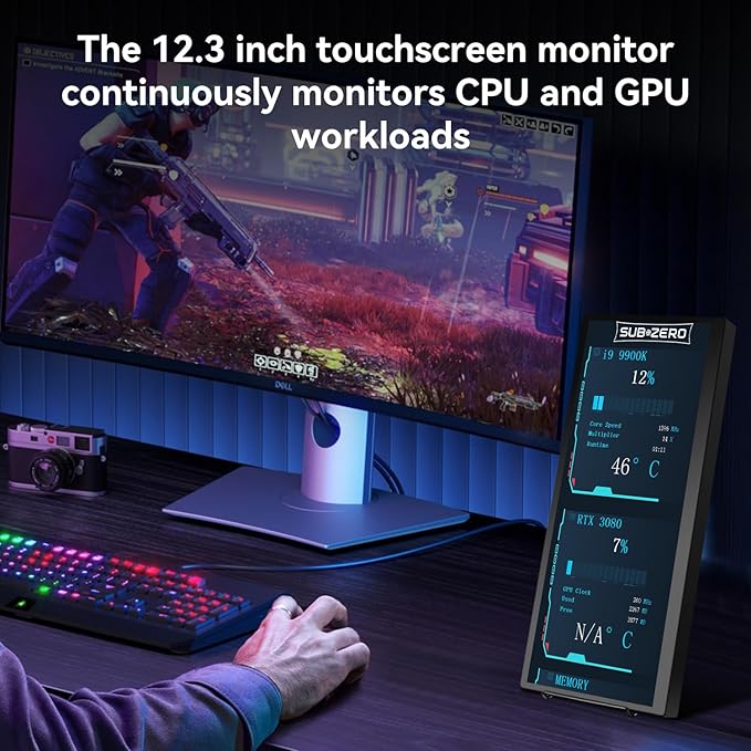 12.3 Portable Touchscreen Monitor,1920*720 IPS Mini Touch Screen,Travel Display with Foldablestand & Speaker, HDMI USBC CNC External Monitor for Laptop Phone Aida64 GPU CPU RAM Monitoring, VESA