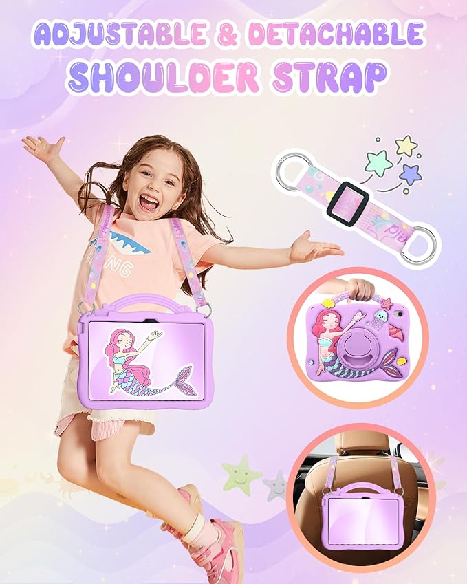 Boaretiu for iPad A16 Case/10th Generation Case - Girls Teens Cute Cartoon Purple Mermaids 10.9 Inch 2022 Tablet Cover with Strap & Rotating Stand Soft 3D Silicone Funda for iPad 11th 11 Inch 2025