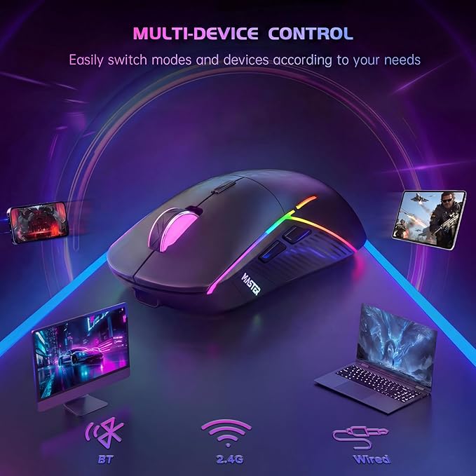 FFJ Wireless Gaming Mouse, 24000 DPI, Tri-Mode 2.4G/USB-C/Bluetooth 5.3 Gaming Mouse Wireless, RGB Programmable Mouse Gamer, 75Hrs Battery Life, Rechargeable Gaming Mice for PC, Mac, Black