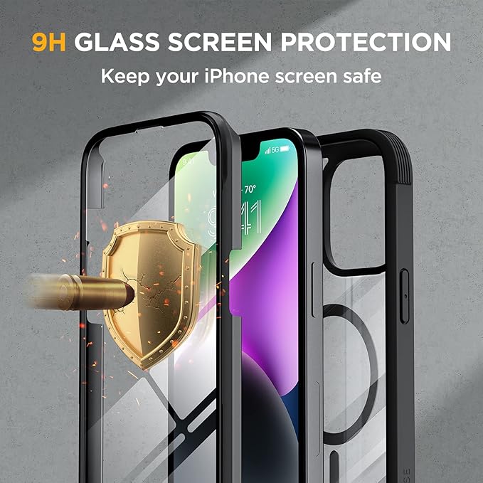 Miracase Magnetic for iPhone 14 Case 6.1",Full-Body Bumper, [Bubble Free] Built-in Tempered Glass Screen Protector+Lens Protector,Compatible with MagSafe,No Gap,Drop Proof Phone Case 14 Cover,Black