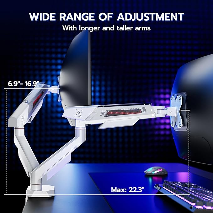 ARES WING Dual Monitor Arm for 17-35 Inch Flat Curved Ultrawide Screens Up to 26.5lbs, Fully Adjustable Dual Monitor Mount, C-Clamp & Grommet Base, 75/100 Vesa Mount, White