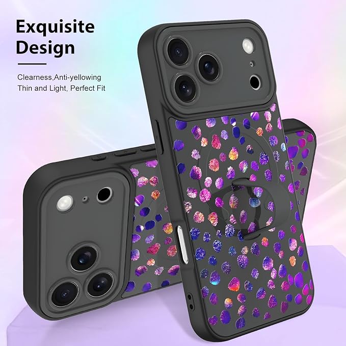 KANGHAR Compatible with iPhone 17 Pro Max Case, Support for MagSafe, Silicone Cute Iridescent Pattern Leopard Print Cheetah, Wristband Kickstand Shockproof Soft Slim Cover for Girls Women, Black