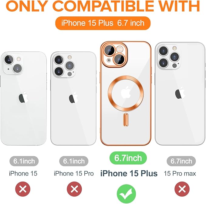Hython Magnetic Clear for iPhone 15 Plus Case with Camera Lens Protector [Compatible with MagSafe] Luxury Plating Edge Slim Soft TPU Cover Protective Phone Case for iPhone 15 Plus 6.7", Orange