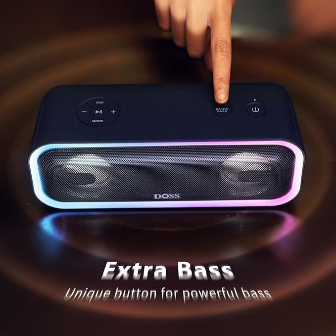 DOSS SoundBox Pro+ Bluetooth Speaker, Immersive 24W Stereo Sound with Booming Bass, IPX6 Waterproof, 15H Playtime, Mixed Colors Lights, Wireless for Backyard, Hiking, Garage, Party-Blue