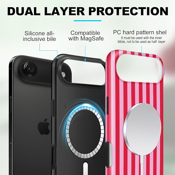 Magnetic for iPhone 17 Air Case Cute Stripes Phone Case, Shockproof Slim TPU and Hard PC Protective Phone Cover Compatible with MagSafe Designed for Women Girls, Pink and White