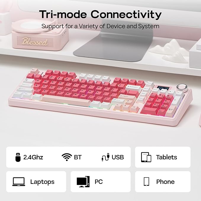 EPOMAKER Aula F99 MAX Wireless Mechanical Keyboard, Smart Screen & Knob, 8000mAh, 2.4Ghz/BT Creamy Keyboard, Pre-Lubed Switch, Hot-Swappable, RGB Backlit, Custom Software (Pink)