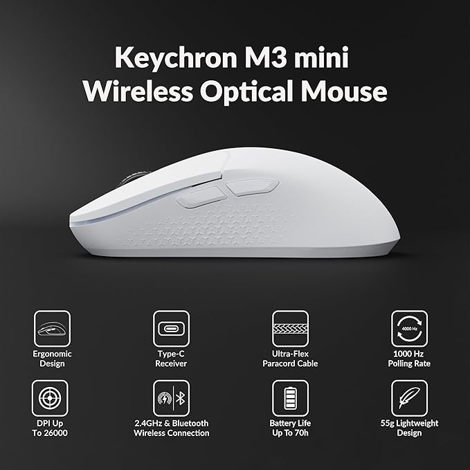 Keychron M3 Mini Wireless Optical Mouse, Bluetooth 5.1/2.4 GHz/Wired Gaming Mouse, Programmable PixArt 3395 Sensor with up to 26,000 DPI/ 650 IPS, Lightweight Ergonomic for Windows Mac Linux - White