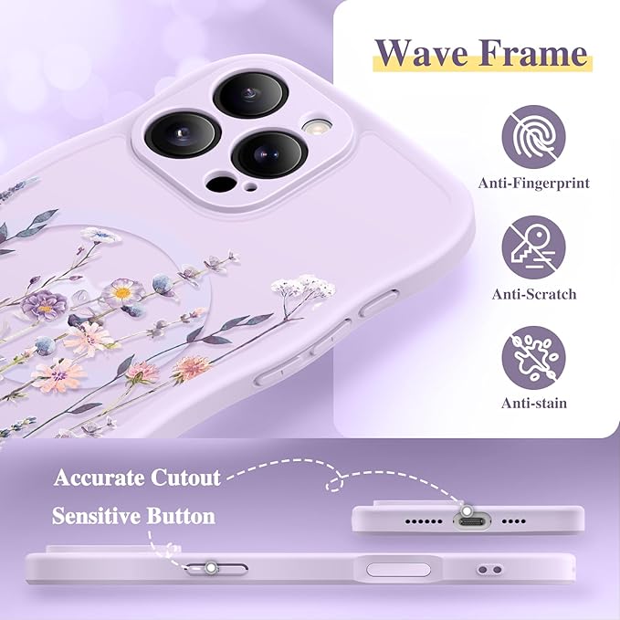 GVIEWIN for iPhone 16 Pro Max Case Compatible with MagSafe [Curly Wave Edge][Full Camera Protection] Floral Translucent Shockproof Magnetic Women Phone Case for 16 Pro Max, Floratopia/Purple