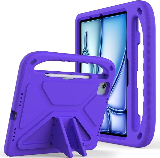 Kids Case for iPad Air 11 inch M4/M3/M2 (2026/2025/2024) & iPad Pro 11 inch M5/M4 (2025/2024) with Pencil Holder/Handle/Kickstand Lightweight Shockproof Cute Soft EVA Foam Stand Cover, Purple