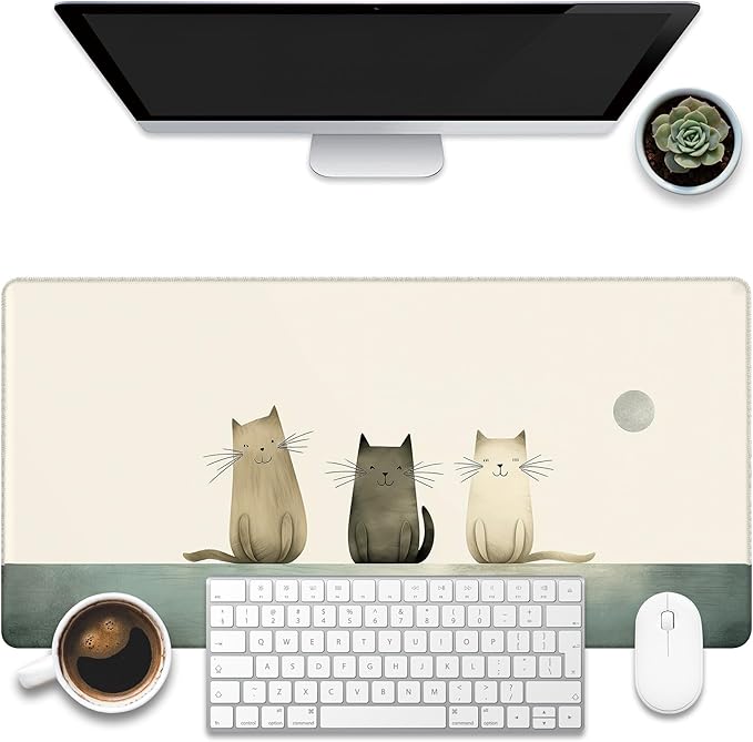 Desk Pad, Three Smiling Cartoon Cats Desk Mat, Large Gaming Mouse Pad, 31.5"x15.7" Extended Big Computer Keyboard Mouse Pad with Non-Slip Base and Stitched Edge