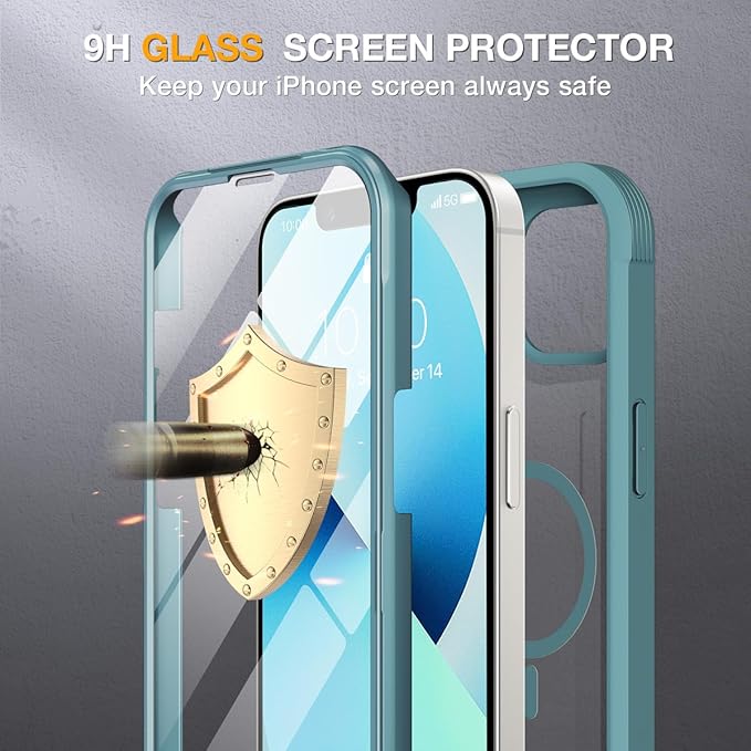Miracase for iPhone 13 mini Case 5.4",Full-Body Protection,Clear Bumper Case with Built-in 9H Tempered Glass Screen Protector,Military-Grade Drop Protection Outdoor Phone Case for iPhone 13 mini,Teal