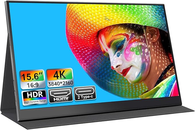 4K Portable Monitor - 15.6 Inch 3840×2160 Resolution, 100% sRGB, IPS Screen with Built-in Speakers, USB-C/HDMI Connectivity, External Second Monitor for Laptop/MacBook/Switch/PS5/PS4/Xbox