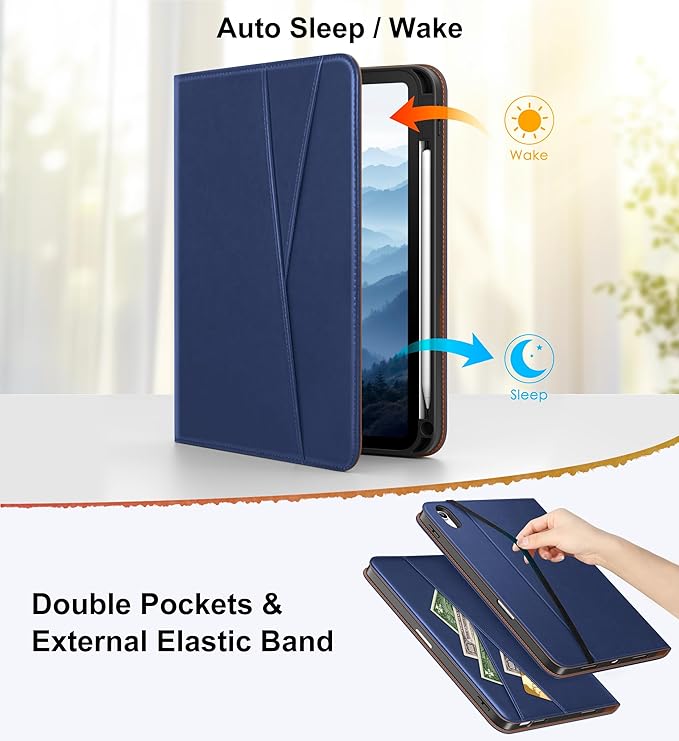 DTTO for iPad Air 11 inch Case M4 / M3 / M2 (2026/2025/2024), iPad Air 5th / 4th Gen (2022/2020), 360 Degree Rotating Premium Leather Folio Stand Cover with Pencil Holder, New Navy Blue