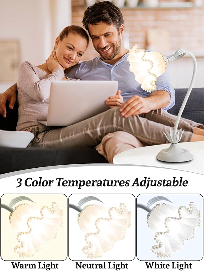 Flower Table Lamp Bedside Lamps LED Reading Light,3 Color Modes Cute Small Lamp,Vintage Flower Lamp Kawaii Table Lamp for Bedroom Living Room Office Dorm Desk Home Decor (Pearl White lamp)