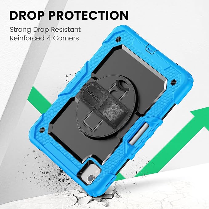 SEYMAC Case for iPad Air 5th/ 4th Generation 10.9", Full-Body Shockproof Protective Case with Screen Protector, Rotating Stand/Handle/Shoulder Strap/Pencil Holder for iPad Air 5/ Air 4, Sky Blue