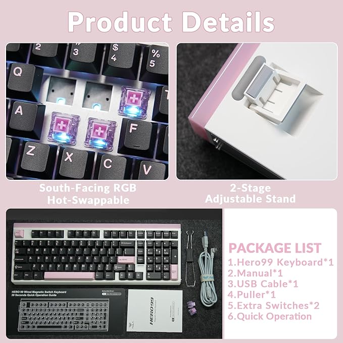 AULA Hero 99 Wired Gaming Keyboard, Hall Effect Keyboard with Rapid Trigger Mode, Hot Swappable Magnetic Switch Keyboard with Number Pad, Web Driver,RGB Backlit Mechanical Keyboard for Office PC Gamer
