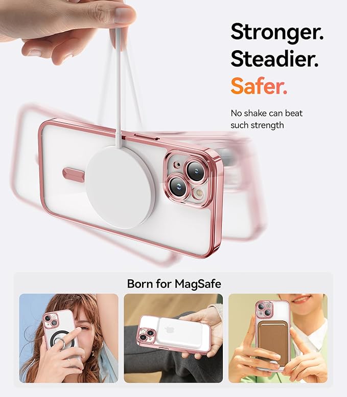 Meifigno for iPhone 15 Case 6.1, [Glitter Card & Wrist Strap], 1X HD+1X Privacy Screen Protectors, Compatible with MagSafe, Surround Camera Lens Protection for iPhone 15 Case, Rose Gold