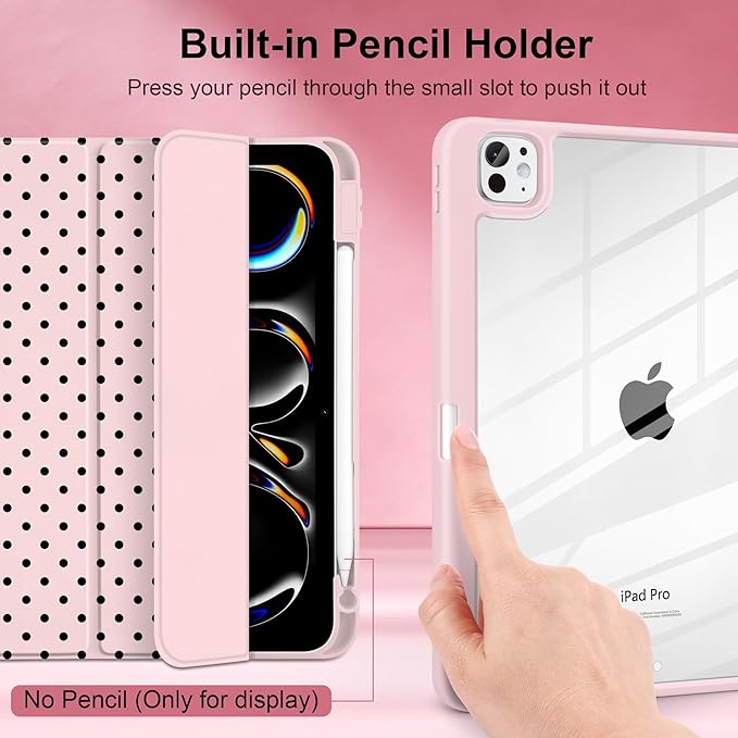 Case for iPad Pro 11 Inch (M5 2025 M4 2024) – [Built-in Pencil Holder], Shockproof & Stylish, Clear Hard Back + Soft TPU Edge, Magnetic Trifold Stand, Auto Wake/Sleep, Pink Polka dot