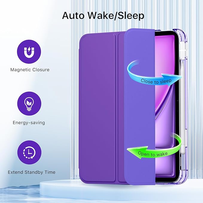 MoKo for iPad Air 11 inch Case (M4/M3/M2) 2026/2025/2024, iPad Air 5th/4th Gen 10.9 inch Case 2022/2020 with Pencil Holder, Slim Light Trifold Cover with Hard PC Translucent Back Shell, Deep Purple