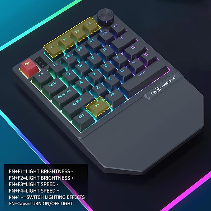 MageGee Wireless One Handed Gaming Keyboard, Tri-Mode BT/ 2.4Ghz RGB Backlit 34 Keys Mini Keyboard for Gamer, Red Switch, Wrist Rest Support(Black)