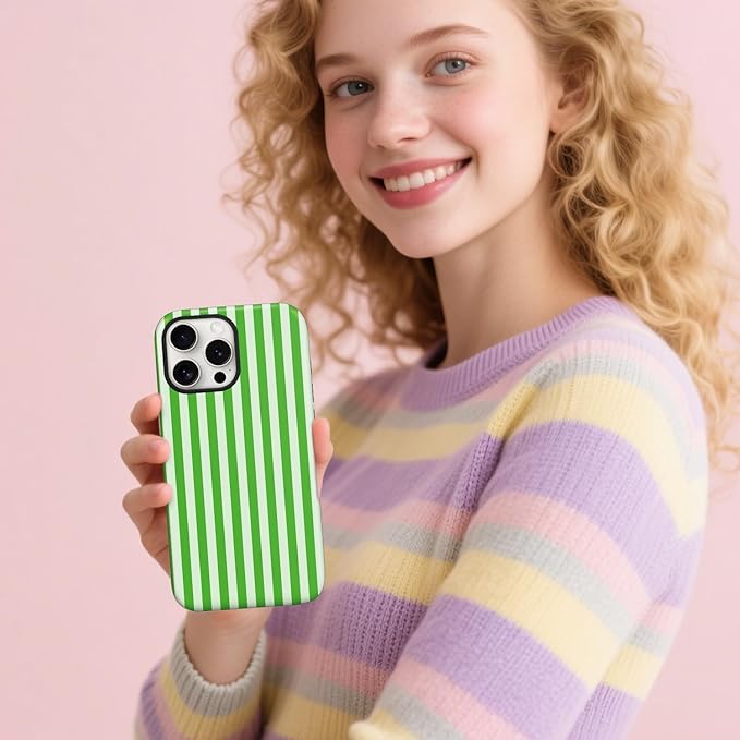 Magnetic for iPhone 16 Pro Case Cute Stripes Phone Case, Shockproof Slim TPU and Hard PC Protective Phone Cover Compatible with MagSafe Designed for Women Girls, Deep Green