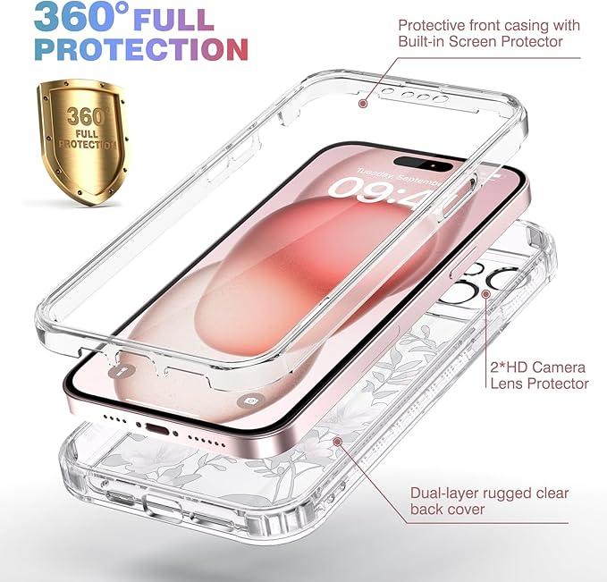 Diaclara Designed for iPhone 15 Plus Case 6.7 Inch Clear Floral Design,Full Body 360 Case w/Built-in Screen Protector+9H Glass Camera Lens Protector (Clear Flower)