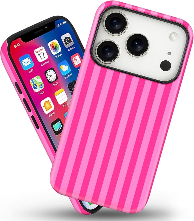Magnetic for iPhone 17 Pro Case Cute Stripes Phone Case, Shockproof Slim TPU and Hard PC Protective Phone Cover Compatible with MagSafe Designed for Women Girls, Deep Pink
