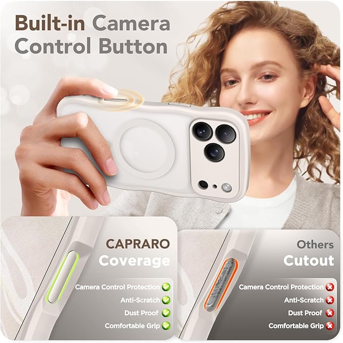 CAPRARO Magnetic for iPhone 17 Pro Case for Women Girls, Upgraded [Full Camera Protection] [Compatible with MagSafe] Cute Wave Translucent Matte Phone Case for iPhone 17 Pro, Stone