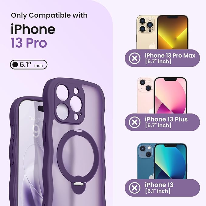 CAPRARO for iPhone 13 Pro Case with 360° Spin Magnetic Stand for Women, [Compatible with MagSafe] [Full Camera Protection] Cute Wave Translucent Matte Case for iPhone 13 Pro, Deep Purple