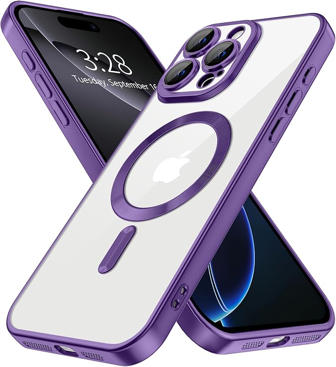 Hython Magnetic Clear for iPhone 16 Pro Max Case with Camera Lens Protector [Compatible with MagSafe] Plating Edge Slim Soft TPU Cover Protective Phone Case for iPhone 16 Pro Max 6.9", Matte Purple