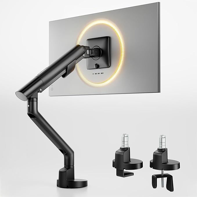 monTEK Single Monitor Arm for 17-40 Inch Screens, Heavy Duty Full Motion Monitor Mount Up to 26.4 lbs, Aluminum Monitor Stand with VESA 75/100mm, C-Clamp/Grommet Base for Curved Screens, Black