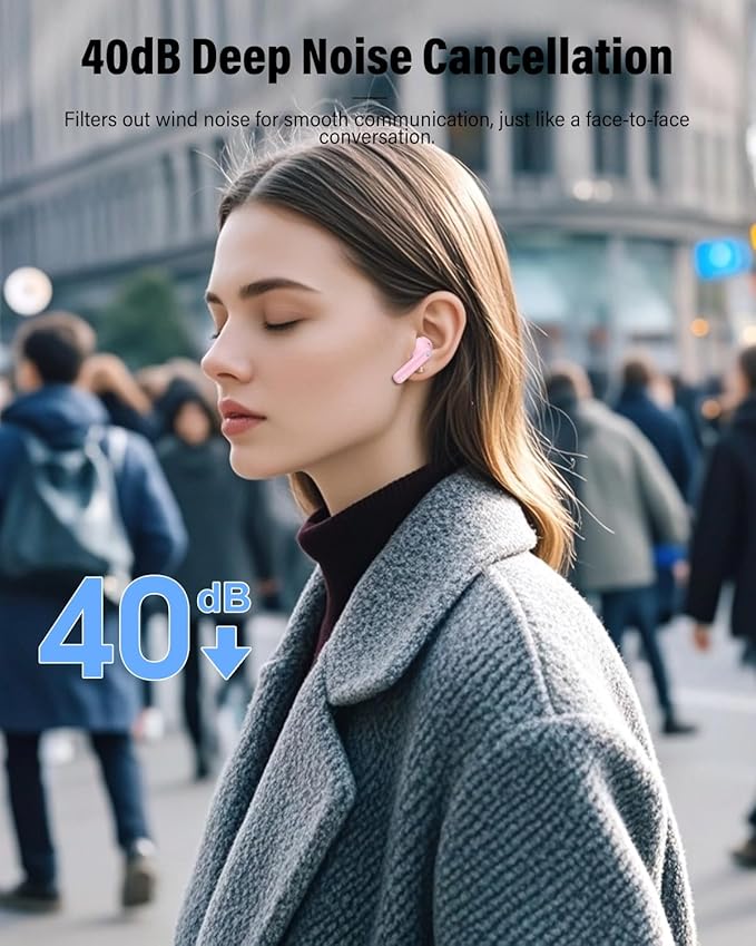 Wireless Earbuds, Bluetooth 5.4 Headphones Bass Stereo, Ear Buds with Noise Cancelling Mic, LED Display in Ear Earphones Clear Calls, IP7 Waterproof Bluetooth Earbuds for Laptop/Phones/Sports, Pink