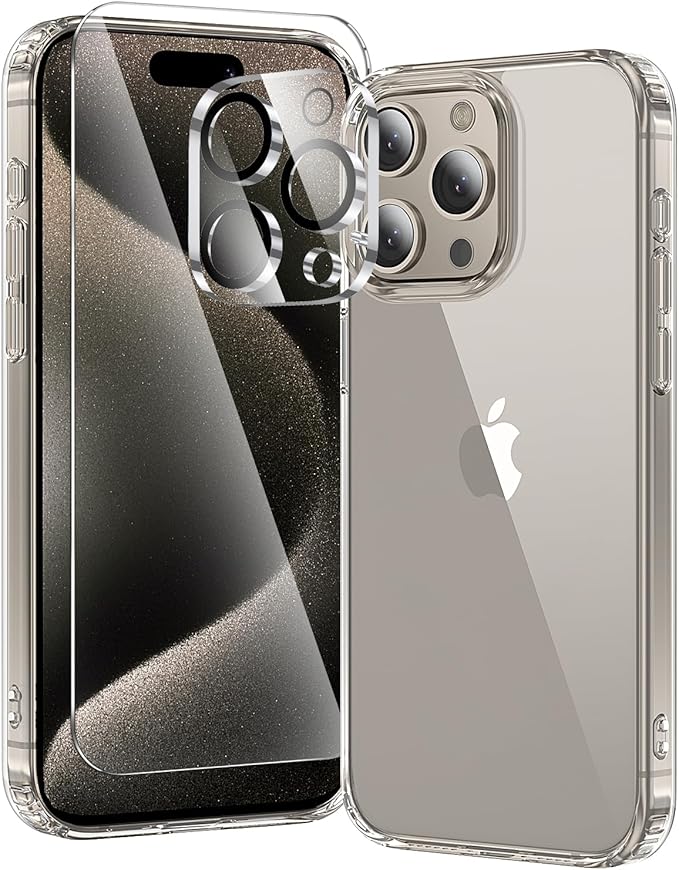 toushion 3 in 1 for iPhone 15 Pro Case Clear,[Yellowing-Resistant Acrylic Back] Screen Protector *1 & Camera Lens Protector*1, Shockproof for iPhone 15 Pro Phone Case 6.1 inch Clear