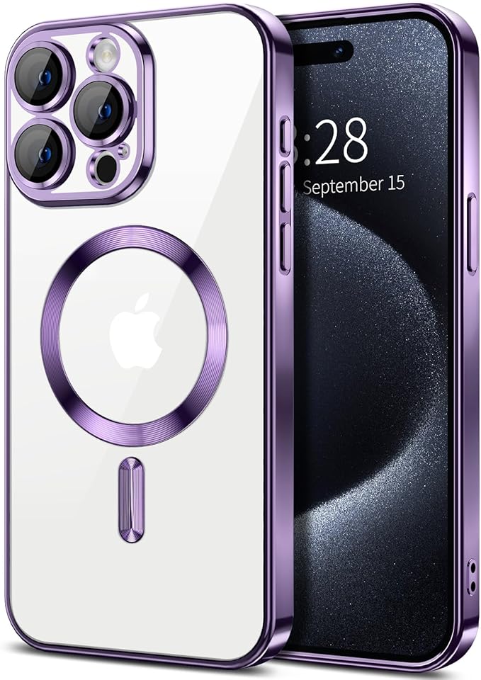 Hython Magnetic Clear for iPhone 15 Pro Max Case with Camera Lens Protector [Compatible with MagSafe] Plating Edge Slim Soft TPU Cover Protective Phone Case for iPhone 15 Pro Max 6.7", Deep Purple