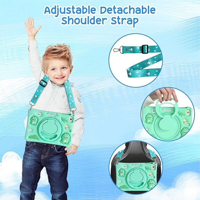 Kids Friendly Case for iPad (A16) 11th Generation 11 Inch (2025), iPad 10th Generation 10.9 Inch (2022), Cute Design EVA Kickstand Shockproof Bumper Case with Shoulder Strap Cover, Dinosaur