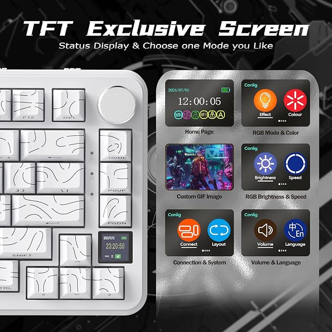 ATTACK SHARK X85Pro Wireless Mechanical Gaming Keyboard with TFT Screen & Knob Hot-Swappable BT5.1/2.4Ghz/USB-C RGB Backlit Gasket Mount Gradient Side-Print PBT Keycaps for Win/PC/MAC-White Contour