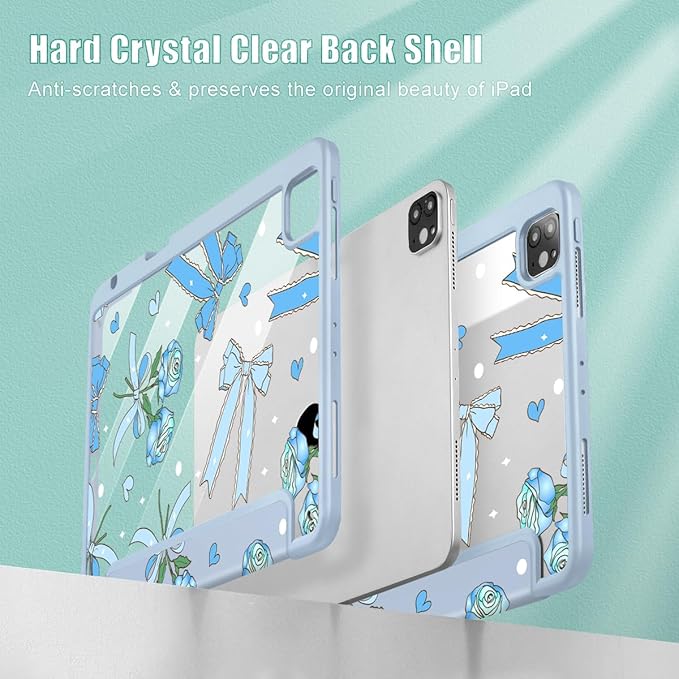 Tuiklol for iPad Pro 11 Inch 4th / 3rd / 2nd / 1st Gen (2022 2021 2020 2018) Case -Built-in Pencil Holder Shockproof Cover Clear Transparent Back Shell with Auto Wake/Sleep, Bow & Rose Blue